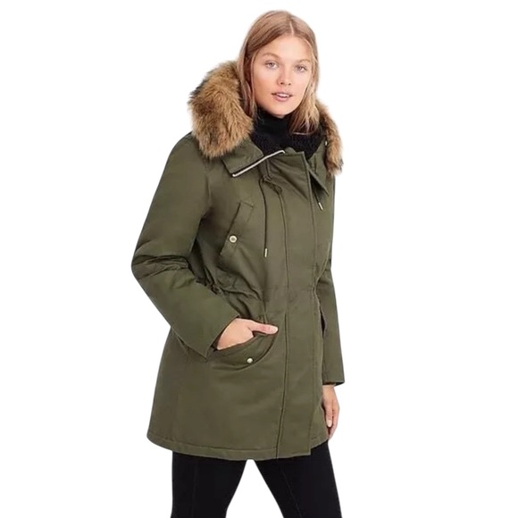 J.Crew Olive Green Utility Parka Petite XS Faux Fur Hood PrimaLoft Jacket EUC - Picture 3 of 14